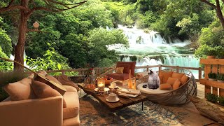 Cozy Cabin Porch w/ Waterfall view in Summer Day Ambience | Water and Birdsong Sounds for Relaxation