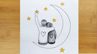 How to draw Romantic Couple sitting on the Moon - with Pencil Sketch