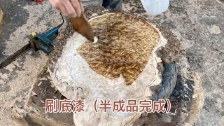 一块满树瘤的缅甸国木黄金樟制作成实木茶盘，底漆一刷惊艳了！