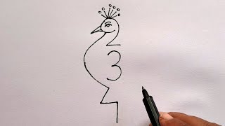 Peacock Drawing With 234 Number Easy | How To Draw Peacock Step By Step