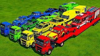 TRANSPORTING ALL POLICE CARS, AMBULANCE, FIRE TRUCK, COLORFUL CARS WITH TRUCK! -FARMING SIMULATOR 22