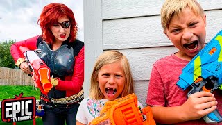 Babysitter Adventure Hero Kidz Johnny and Zoey vs Aunt Lassie with Nerf Blasters