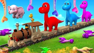 Dinosaur Chase Wooden Train for Toys Cartoon - T Rex Spinosaurus Fun with Elephant Comedy Videos 3D