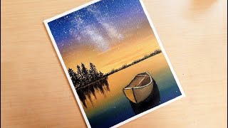 Easy Night Sky with Stars Acrylic Painting Tutorial for Beginners | Boat on a Lake Painting | Sunset