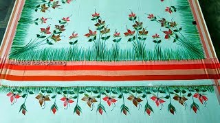 Grass painting with seven colours on saree | Grass painting On Clouth | #FreehandFabricPainting