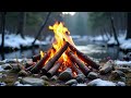 campfire 4k crackling fire with nature sounds evening in the forest by a peaceful river