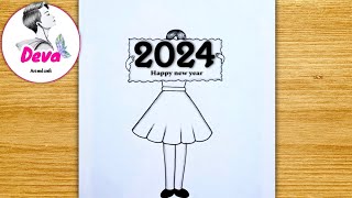 happy new year drawing | happy new year girl drawing  | happy new year girl drawing easy drawing