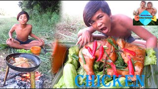 Primitive Technology - Cooking chicken in recipe and eating delicious in jungle #0040