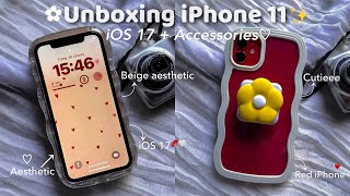 iPhone 11 Aesthetic Unboxing (red)🌹🤍Customising iOS 17 + Cute accessories