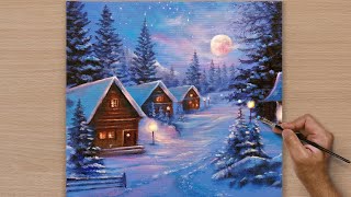 Easy Way to Paint a Snowy Winter Night / Acrylic Painting / STEP BY STEP #118