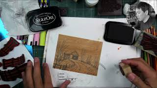 Stampscapes Lab: First Winter Scene Test on Wood Grain