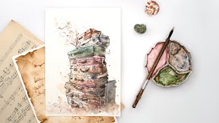 Ink and wash - stack of suitcases - painting tutorial for beginners + FREE sketch