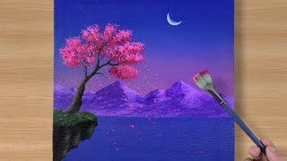 Cherry Blossom Acrylic painting | Moonlight Scenery painting for Beginners