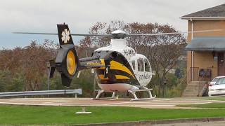 Airbus H135 on HeliPad. Full Sound Twin Engine Start, Take Off.