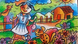 How to drawing Morning Environment / Home Garden Painting / හිමිදිරි උදැසන චිත්‍රයට අදිමු /Sith Ru