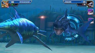 NEW AQUATIC DINOSAUR OPHTHALMOSAURUS VS MEGALODON - BATTLE || JURASSIC WORLD THE GAME