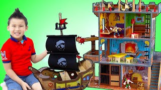 Jannie and Liam Pretend Play with Pirate Ship and Playhouse Toy Set
