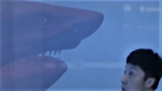 Mutant shark breaks the glass, blood washes the laboratory!