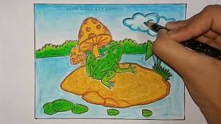 how to draw Frog with mushroom Rainy  season খুব সুন্দর আঁকা