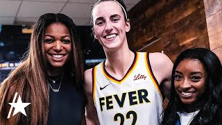 Simone Biles & Gabby Thomas Meet Caitlin Clark At Indiana Fever WNBA Game