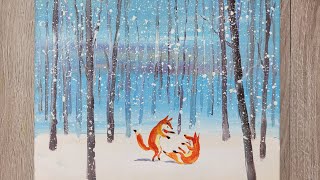 畫冬天的樹林 how to paint fox playing  in the woods