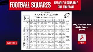 Football Squares Fillable & Reusable PDF Template Super Bowl Squares PDF for Adobe Reader