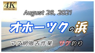 21,8,28　オホーツクの浜　風景　マス網撤去　サケぶっこみ釣り