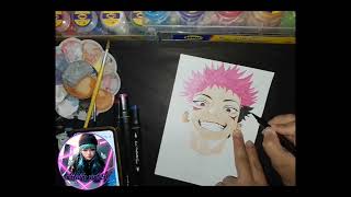 Drawing Yuji using markers, poster color and multicolored pen.