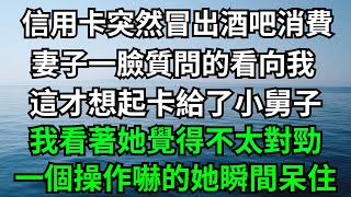 信用卡突然冒出酒吧消費，妻子一臉質問的看向我，這才想起卡給了小舅子，我看著她覺得不太對勁，一個操作嚇的她瞬間呆住！【一濟說】#落日溫情#情感故事#花開富貴#深夜淺讀#深夜淺談#家庭矛盾#爽文