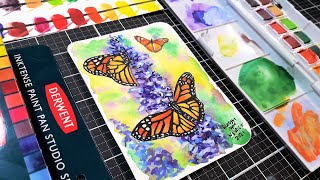 How To Paint with Inktense Pans, Are they Watercolor? Butterfly & Lavender Painting on a Postcard