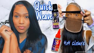 Side part 4x4 Closure Quick weave w/ Elastic band tutorial