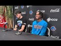Boise State's Spencer Ahrens and Aginaldo Neto talk after 62-53 win against New Mexico