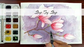 Watercolor Pink Magnolia Flower | Step By Step