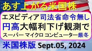 米国株の株式投資。エヌビディアが続落。アメリカ司法省からNVIDIAへ文書提出命令はない。～あす上がる株米国版。Sept. 05, 2024。最新のアメリカ株価と株式投資。高配当株やデイトレ情報も