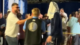 Luka Doncic daps up Travis Kelce after the Mavs beat Wolves 116-107 in Game 3