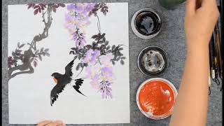 72 Chinese brush painting  How to draw wisteria and swallow  中国画 如何画紫藤和燕子