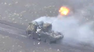 The cannon of the Russian BTR-82 starts shooting spontaneously after being hit by a drone.