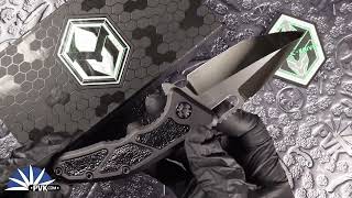 Heretic Knives Custom Medusa Flipper Tanto High Polish Blade, Black AL Handle W/ American Bull Frog