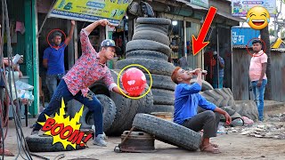 Update Tyre Blast PRANK with Popping balloons | Crazy REACTION with Popping Ball