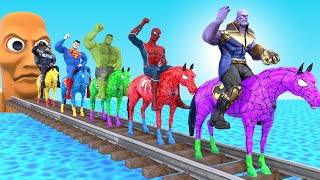 Red Horse Spiderman Crossing On Rainbow Spiders Bridge With Horse Vs Spider-Shark Rescue Animal Game