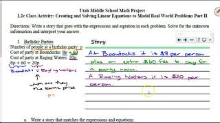 UMSMP 1.2c Creating and Solving Linear Equations to Model Real World Problems Part II