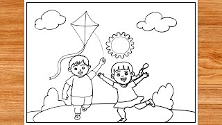 How To Draw Scenery Of Kite Flying  - Kite Festival Drawing || Kite Drawing || Step by Step Tutorial