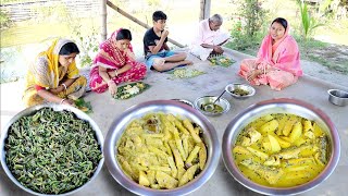 পুকুর থেকে মাছ ধরে আলু পেঁপে দিয়ে মাছের ঝোল রান্না সাথে শাক ভাজা আর শুক্ত রেসিপি || fishing