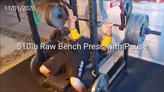 Matt Cussins raw Bench Press training with pauses 11/01/20. 470lbs, 510lbs, 520lbs.