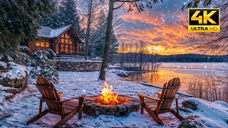 Sunset Serenity: Lakeside Winter Wonderland with Relax Fire Pit and Snow Falling for Peaceful Sleep