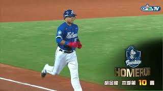 09/18 富邦 vs 統一 六局上，胡金龍一棒打得紮實，小白球一路飛出左外野高牆，兩分打點全壘打