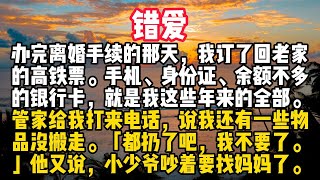 办完离婚手续的那天，我订了回老家的高铁票。手机、身份证、余额不多的银行卡，就是我这些年来的全部。管家给我打来电话，说我还有一些物品没搬走。「都扔了吧，我不要了。」他又说，小少爷吵着要找妈妈了。