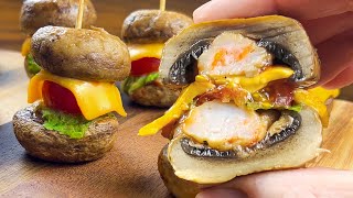 🍔 Super Juicy One Bite Shrimp Burger with Mushrooms!