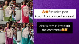 🔥🔥Exclusive Pen kalamkari printed sarees with beautiful contrast!!🔥🔥😍