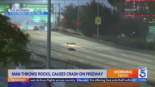 Man throws rocks onto 110 Freeway, causing motorcycle crash, flat tires